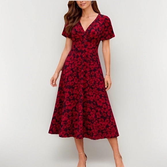 Chaps Dresses & Skirts - Chaps Dress Dark Floral Red Flutter Sleeve Midi Office Fit Flare Surplice S